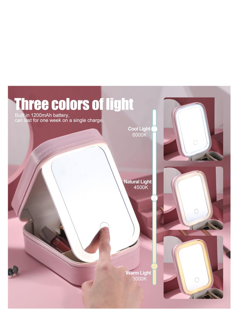 SOLARAE Travel Cosmetic Mirror Case, LED Makeup Mirror Storage Case for Makeup Brushes Cosmetic Tools Pink On-the-go Makeup Needs, Adjustable Dividers, Makeup Brush Holder Storage Pink - Image 3