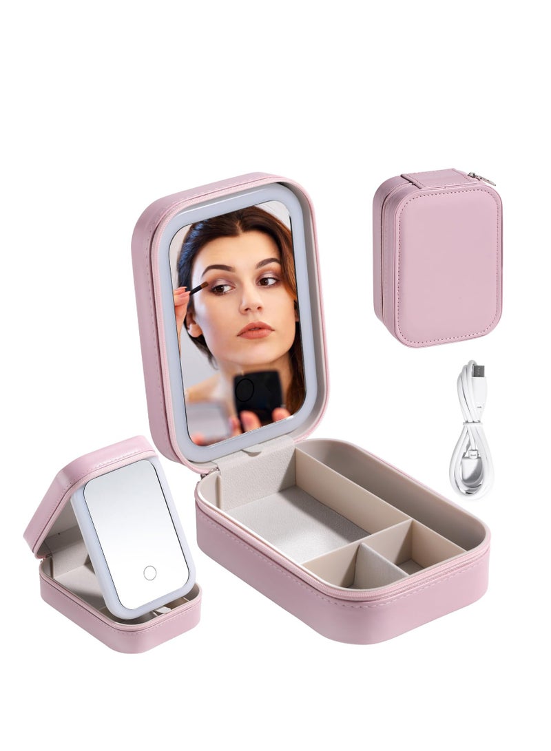 SOLARAE Travel Cosmetic Mirror Case, LED Makeup Mirror Storage Case for Makeup Brushes Cosmetic Tools Pink On-the-go Makeup Needs, Adjustable Dividers, Makeup Brush Holder Storage Pink - Image 1