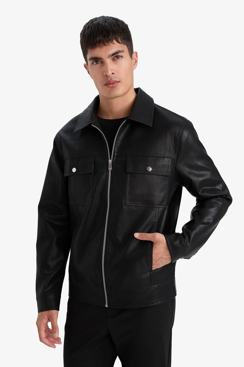 DeFacto Black Man Slim Fit Polo Collar Lined Faux Leather Jacket Casual - Image 5