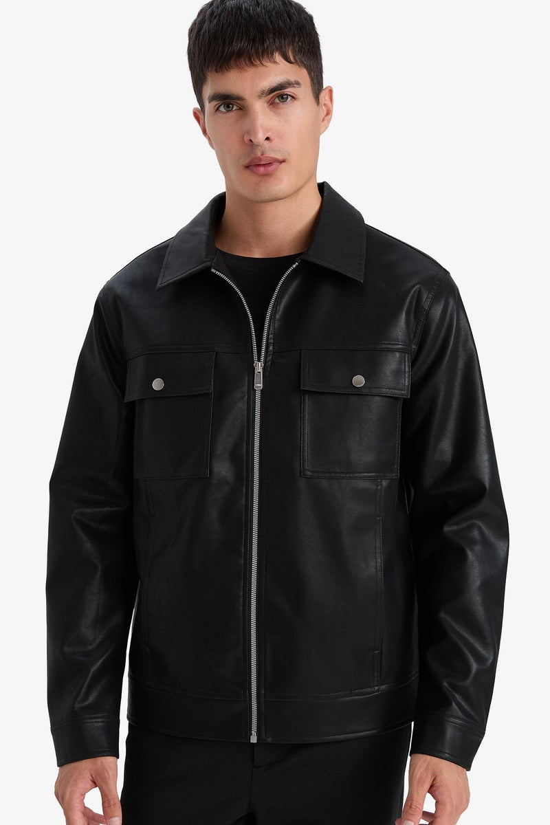 DeFacto Black Man Slim Fit Polo Collar Lined Faux Leather Jacket Casual - Image 4