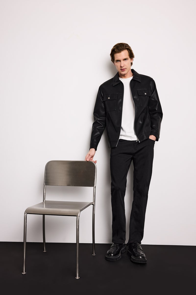 DeFacto Black Man Slim Fit Polo Collar Lined Faux Leather Jacket Casual - Image 2