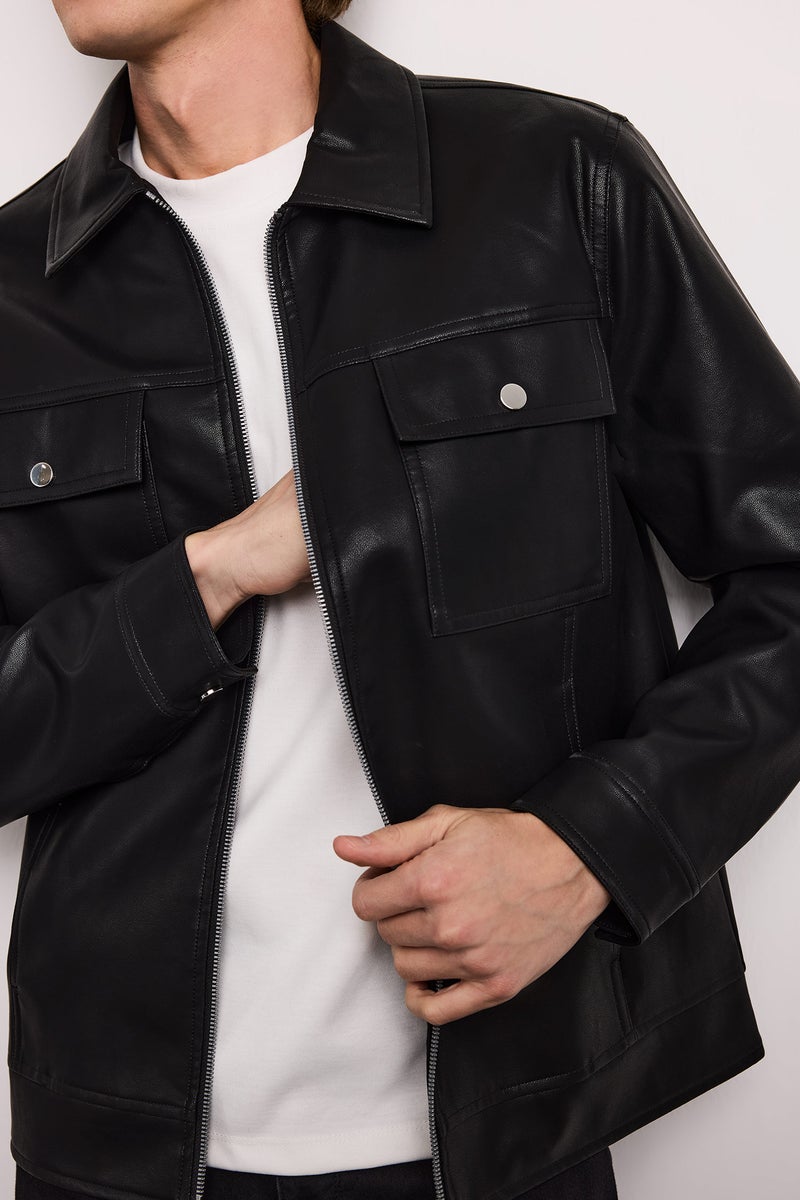 DeFacto Black Man Slim Fit Polo Collar Lined Faux Leather Jacket Casual - Image 3