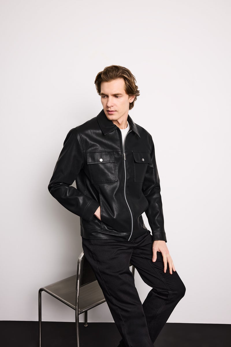 DeFacto Black Man Slim Fit Polo Collar Lined Faux Leather Jacket Casual - Image 1