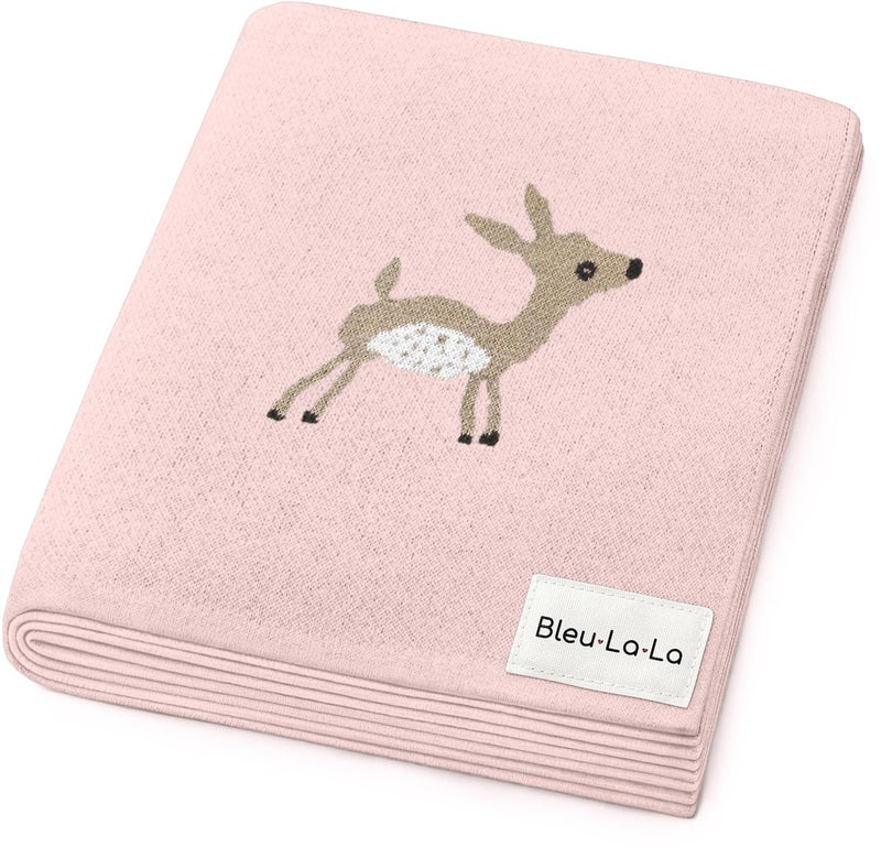 Bleu La La Knit Baby Swaddle Blanket - 100% Cotton Soft Cozy Receiving Swaddle Stroller Blanket for Shower Gift Registry for Newborns, Infants, Toddlers (Deer - Pink) - Image 1