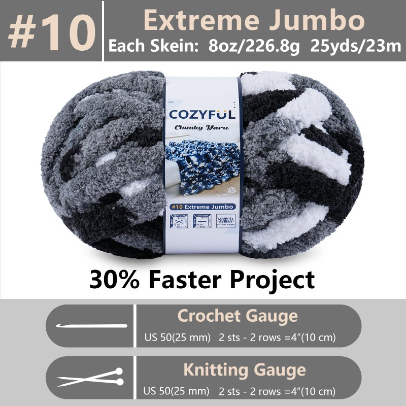 Cozyful خيوط صوفية مريحة للتريكو اليدوي - خيوط شنيلا سميكة #10، خيوط سميكة كبيرة للتCrocheting، خيوط صوفية سميكة بتقنية التلوين، 8 كرات (25 ياردة 8 أونصات لكل كرة)، أسود ورمادي وأبيض - Image 2