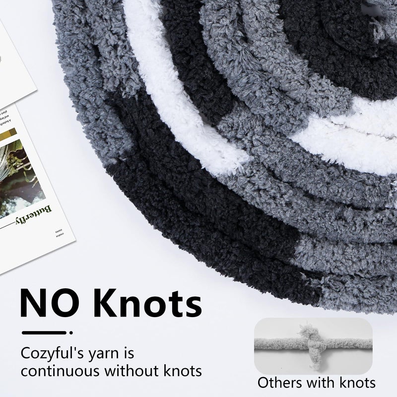Cozyful خيوط صوفية مريحة للتريكو اليدوي - خيوط شنيلا سميكة #10، خيوط سميكة كبيرة للتCrocheting، خيوط صوفية سميكة بتقنية التلوين، 8 كرات (25 ياردة 8 أونصات لكل كرة)، أسود ورمادي وأبيض - Image 4