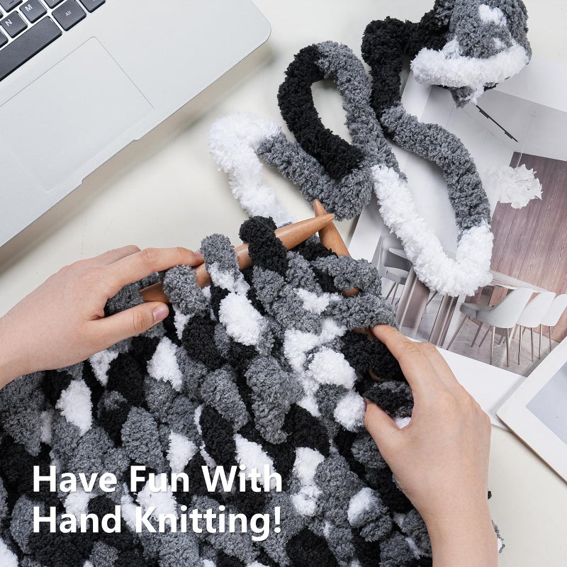 Cozyful خيوط صوفية مريحة للتريكو اليدوي - خيوط شنيلا سميكة #10، خيوط سميكة كبيرة للتCrocheting، خيوط صوفية سميكة بتقنية التلوين، 8 كرات (25 ياردة 8 أونصات لكل كرة)، أسود ورمادي وأبيض - Image 5