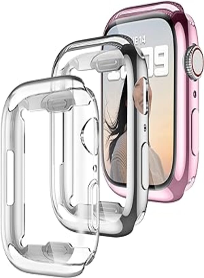 Dirrelo 3 Pack Case Compatible with Apple Watch Series 7 45mm Screen Protector, Full Coverage Protective HD Clear Case, Soft TPU Bumper Cover Compatible with iWatch Series 7, Silver/Clear/Rose Pink
