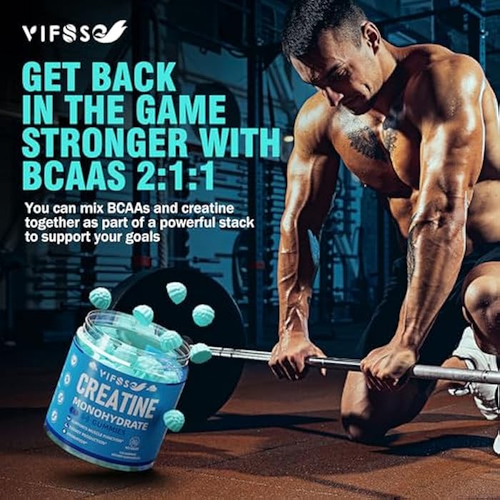 VIFSSG جومي كرياتين مونوهيدرات 5 جرام للرجال والنساء، 120 جومي كرياتين خالية من السكر مع BCAA 1000 ملغ، ببتيدات الكولاجين، تورين، B12، جومي كرياتين للمساعدة في بناء العضلات، زيادة الطاقة، 1 عبوة - Image 2