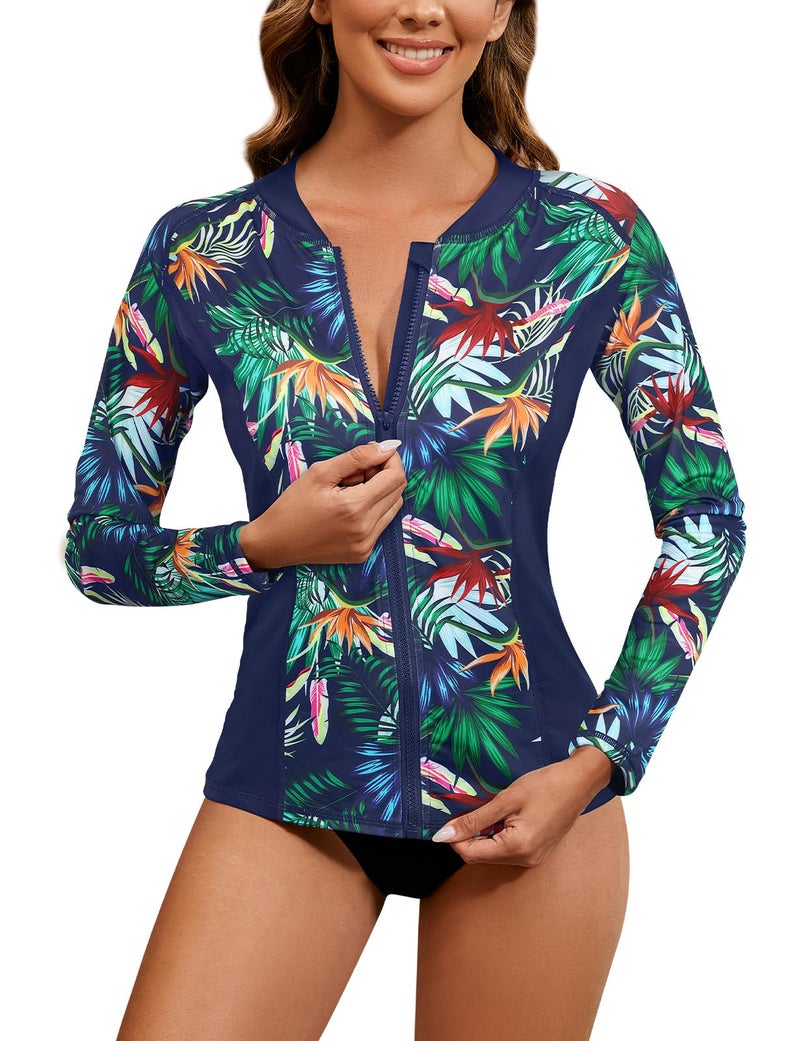 LURANEE Womens Rash Guard ShirtsZip Up Rash Guards for Women Long Sleeve Swimsuit UV Sun Protection Swim Shirts Navy Leaf M - Image 3