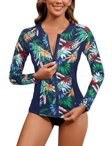 LURANEE Womens Rash Guard ShirtsZip Up Rash Guards for Women Long Sleeve Swimsuit UV Sun Protection Swim Shirts Navy Leaf M - Image 1