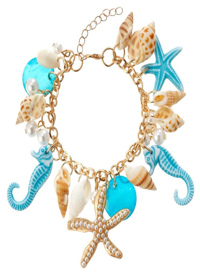 FFZDENA Shell Bracelet For Women And Girls, Beach Jewellery For Women, Fashion Charm Bracelets, Blue Starfish Conch Pearl Bracelet, Ideal Gift For Girls & Women - Image 1
