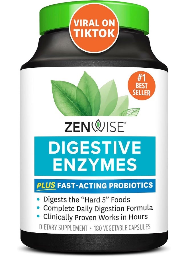 Zenwise Health Digestive Enzymes With Probiotics - Ultra Effective Plant Based Vegan Blend - The Best & Most Powerful Digestive Dietary Supplement for Men and Women - 180 Vegetarian Capsules - Strengthens Digestion - Image 1