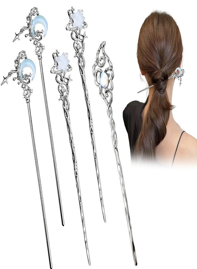 CoolShef مجموعة دبابيس شعر كول شيف للكعكة، 5 قطع، مجموعة دبابيس شعر صينية مزينة بريشة وأحجار كريمة ودلايات على شكل نجمة وقمر، دبوس معدني للكعكة للنساء، إكسسوارات تسريحات شعر كلاسيكية - Image 1
