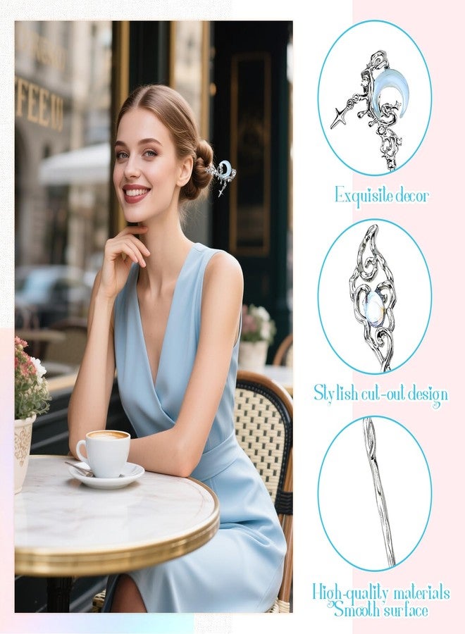 CoolShef مجموعة دبابيس شعر كول شيف للكعكة، 5 قطع، مجموعة دبابيس شعر صينية مزينة بريشة وأحجار كريمة ودلايات على شكل نجمة وقمر، دبوس معدني للكعكة للنساء، إكسسوارات تسريحات شعر كلاسيكية - Image 3