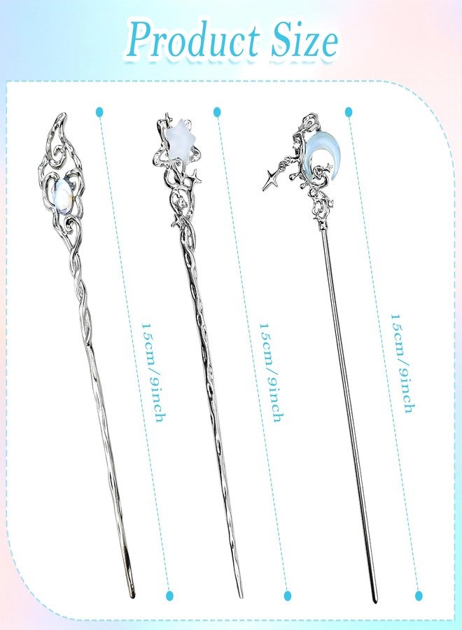 CoolShef مجموعة دبابيس شعر كول شيف للكعكة، 5 قطع، مجموعة دبابيس شعر صينية مزينة بريشة وأحجار كريمة ودلايات على شكل نجمة وقمر، دبوس معدني للكعكة للنساء، إكسسوارات تسريحات شعر كلاسيكية - Image 2