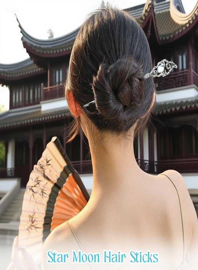 CoolShef مجموعة دبابيس شعر كول شيف للكعكة، 5 قطع، مجموعة دبابيس شعر صينية مزينة بريشة وأحجار كريمة ودلايات على شكل نجمة وقمر، دبوس معدني للكعكة للنساء، إكسسوارات تسريحات شعر كلاسيكية - Image 4