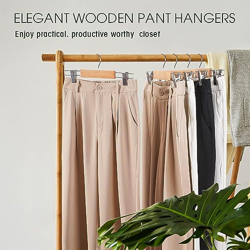 WHISKET Solid Wooden Pant Skirt Hangers, Bottom Hangers for Slacks Trousers Jeans with 2-Adjustable Anti-Rust Clips (Beige,Pack of 4) - Image 3