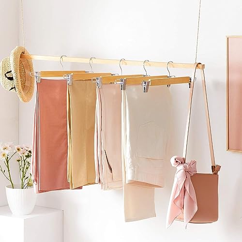 WHISKET Solid Wooden Pant Skirt Hangers, Bottom Hangers for Slacks Trousers Jeans with 2-Adjustable Anti-Rust Clips (Beige,Pack of 4) - Image 2