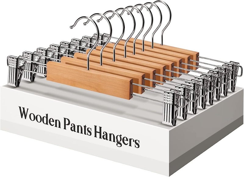 WHISKET Solid Wooden Pant Skirt Hangers, Bottom Hangers for Slacks Trousers Jeans with 2-Adjustable Anti-Rust Clips (Beige,Pack of 4) - Image 1