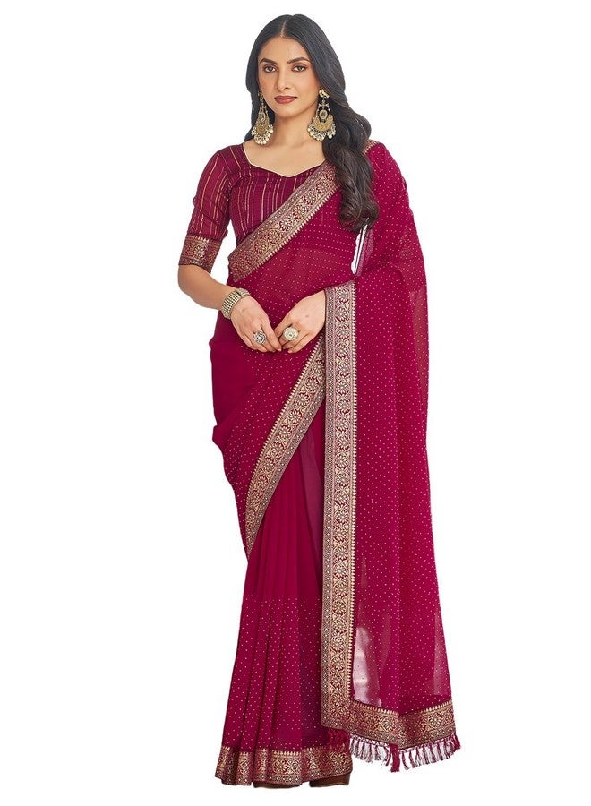 Satrani Women's Georgette Stone Work Saree with Unstitched Blouse Piece (4243S2982N_Rani Pink) - Image 1