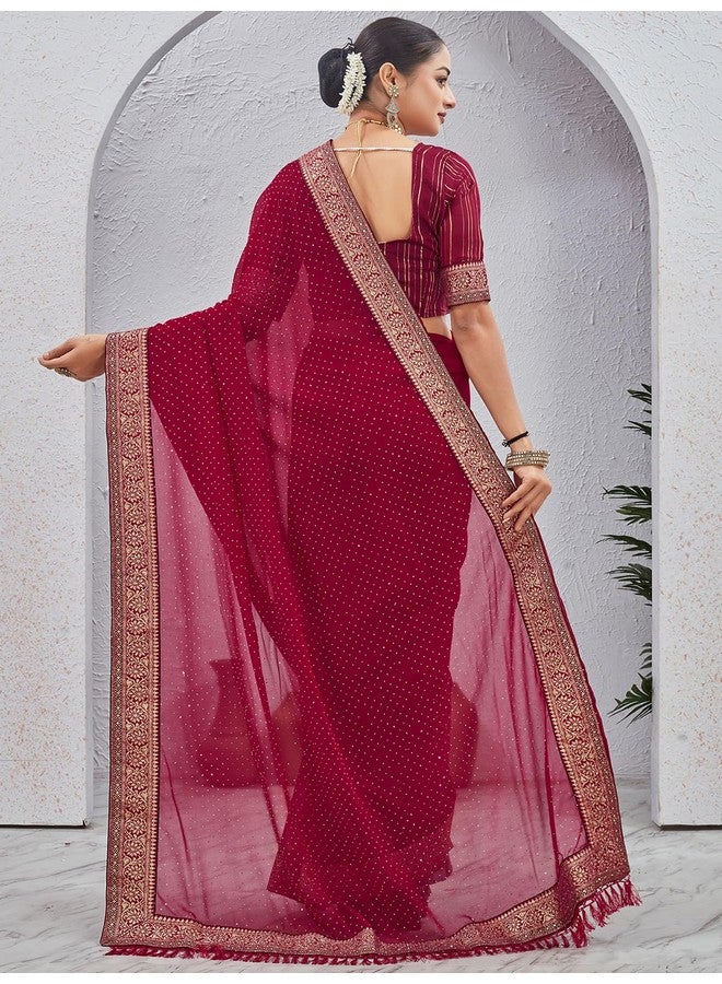 Satrani Women's Georgette Stone Work Saree with Unstitched Blouse Piece (4243S2982N_Rani Pink) - Image 2