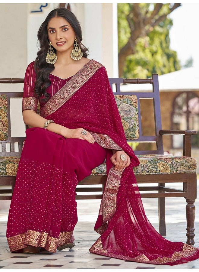 Satrani Women's Georgette Stone Work Saree with Unstitched Blouse Piece (4243S2982N_Rani Pink) - Image 4