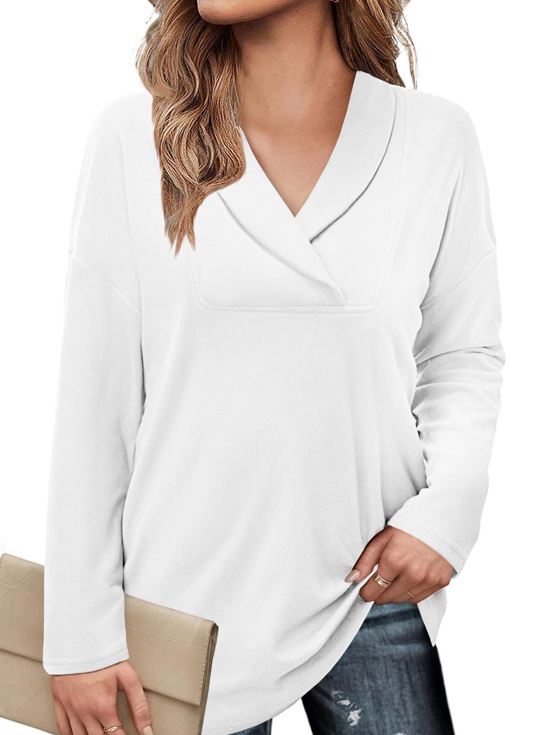 BZB Long Sleeve Shirts for Women Casual Fall Tunic Tops Long V Neck Oversized Loose Fitting Pullover Sweater White M - Image 2
