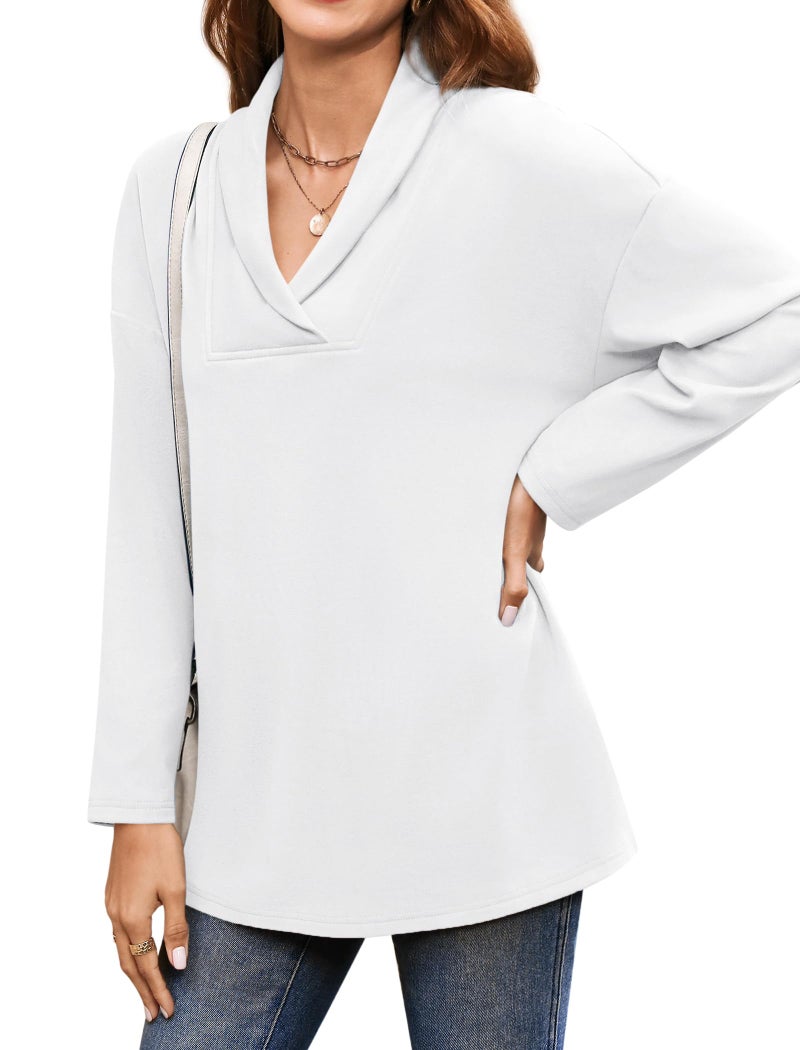 BZB Long Sleeve Shirts for Women Casual Fall Tunic Tops Long V Neck Oversized Loose Fitting Pullover Sweater White M - Image 3