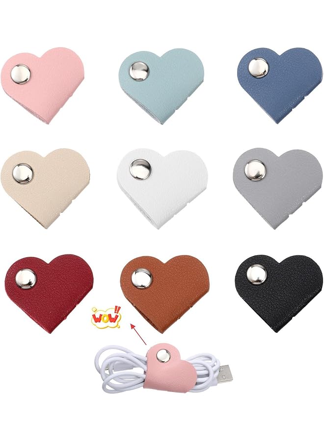 S-TOP 9 PCS Heart PU Leather Reusable Cable Ties, Portable Management Clips, Cord Wrap and Hook Loop Cords Management for Home Office Desk Phone PC Car Wall Desktop Nightstand Appliance - Image 1