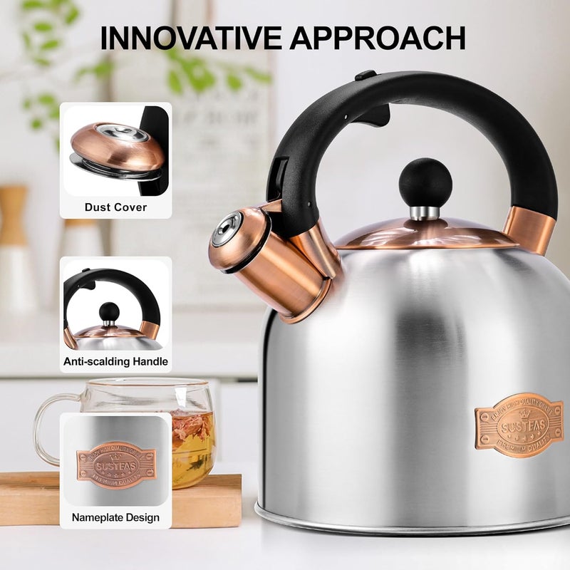 susteas Tea Kettle - 3.17QT Whistling Kettle with Ergonomic Handle - Premium Stainless Steel Tea Pots for Stove Top, Chic Vintage Teapot with Composite Base, Work for All Stovetops (Silver) - Image 2