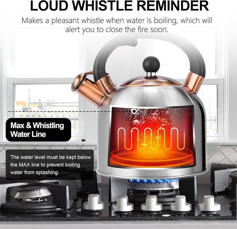 susteas Tea Kettle - 3.17QT Whistling Kettle with Ergonomic Handle - Premium Stainless Steel Tea Pots for Stove Top, Chic Vintage Teapot with Composite Base, Work for All Stovetops (Silver) - Image 4