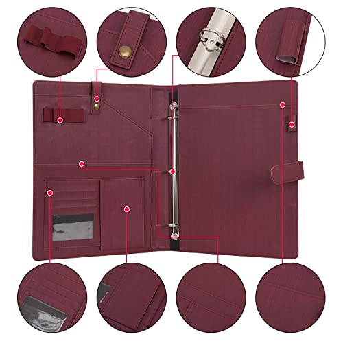 Wonderpool A4 PU Leather Portfolio Holder Ring File Document Case with Removable Binder Clipboard, Multi Pocket and Legal Pad for Business Organizer Interview and Meeting (Wine red) - Image 3
