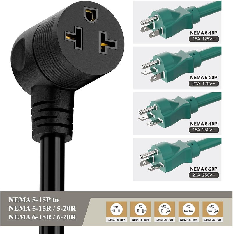 acbroad Angled Four-in-One Heavy Duty SJTW 12AWG Extension Cord 12-AWG 15A Household Plug to 20A T-Blade Adapter Cable, Angled Adapter Extension Cord for EV Car Charger L=1FT - Image 5