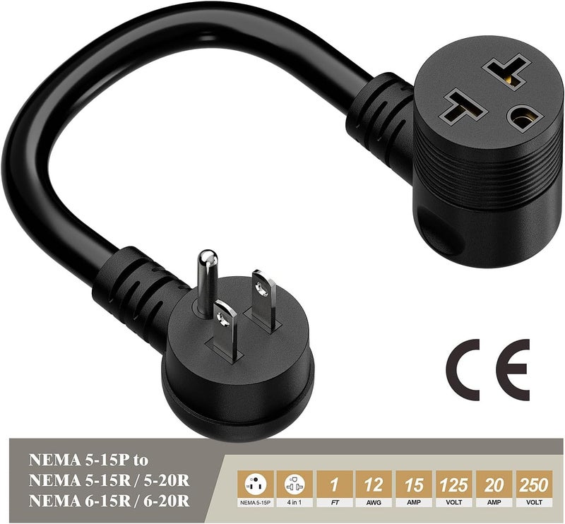 acbroad Angled Four-in-One Heavy Duty SJTW 12AWG Extension Cord 12-AWG 15A Household Plug to 20A T-Blade Adapter Cable, Angled Adapter Extension Cord for EV Car Charger L=1FT - Image 3