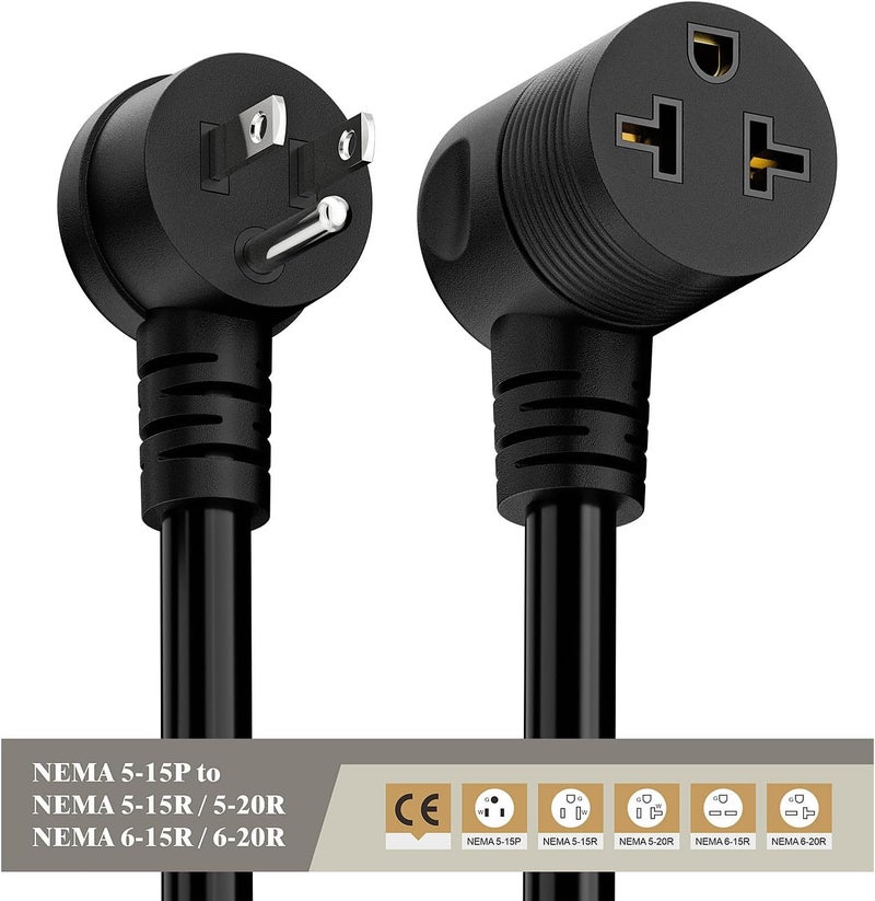 acbroad Angled Four-in-One Heavy Duty SJTW 12AWG Extension Cord 12-AWG 15A Household Plug to 20A T-Blade Adapter Cable, Angled Adapter Extension Cord for EV Car Charger L=1FT - Image 4