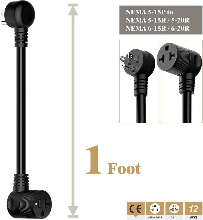 acbroad Angled Four-in-One Heavy Duty SJTW 12AWG Extension Cord 12-AWG 15A Household Plug to 20A T-Blade Adapter Cable, Angled Adapter Extension Cord for EV Car Charger L=1FT - Image 2