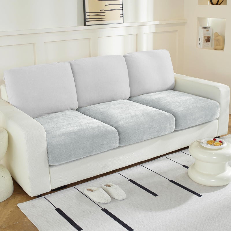 WEYOND Individual Chenille Sofa Seat Covers Washable Stretch Couch Cushion Covers Sofa Covers for 3 Seater and L Shaped Sectional Sofas NonSlip Furniture Protector 3 Pieces Light Grey