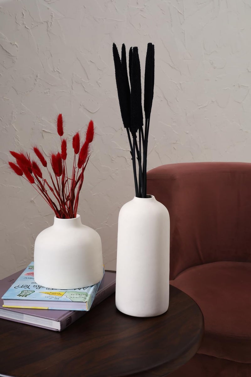 PUREZENTO Cylinder and Round Shape White Ceramic Vase - Set of 2 | Vases for Modern Home Decor, Living Room, Shelves | Decorative Vase for Pampas Grass, Fresh, Dried, Artificial Flowers - Image 1