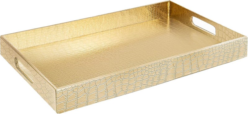 Home Redefined Beautiful Modern Elegant Gold 18"x12" Rectangle Glossy Alligator Decorative Ottoman Coffee Table Perfume Living Dining Room Kitchen Serving Tray With Handles By For All Occasion's - Image 1