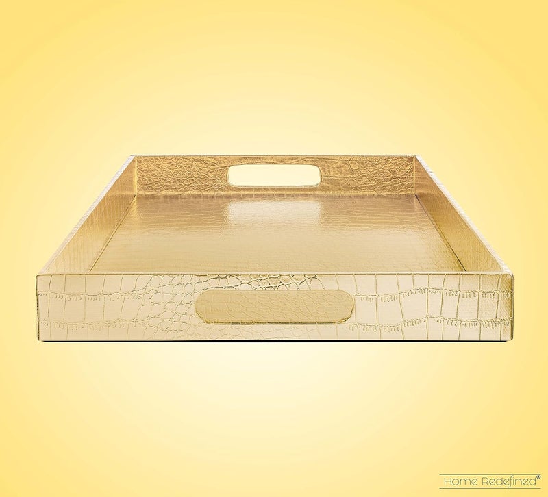 Home Redefined Beautiful Modern Elegant Gold 18"x12" Rectangle Glossy Alligator Decorative Ottoman Coffee Table Perfume Living Dining Room Kitchen Serving Tray With Handles By For All Occasion's - Image 4