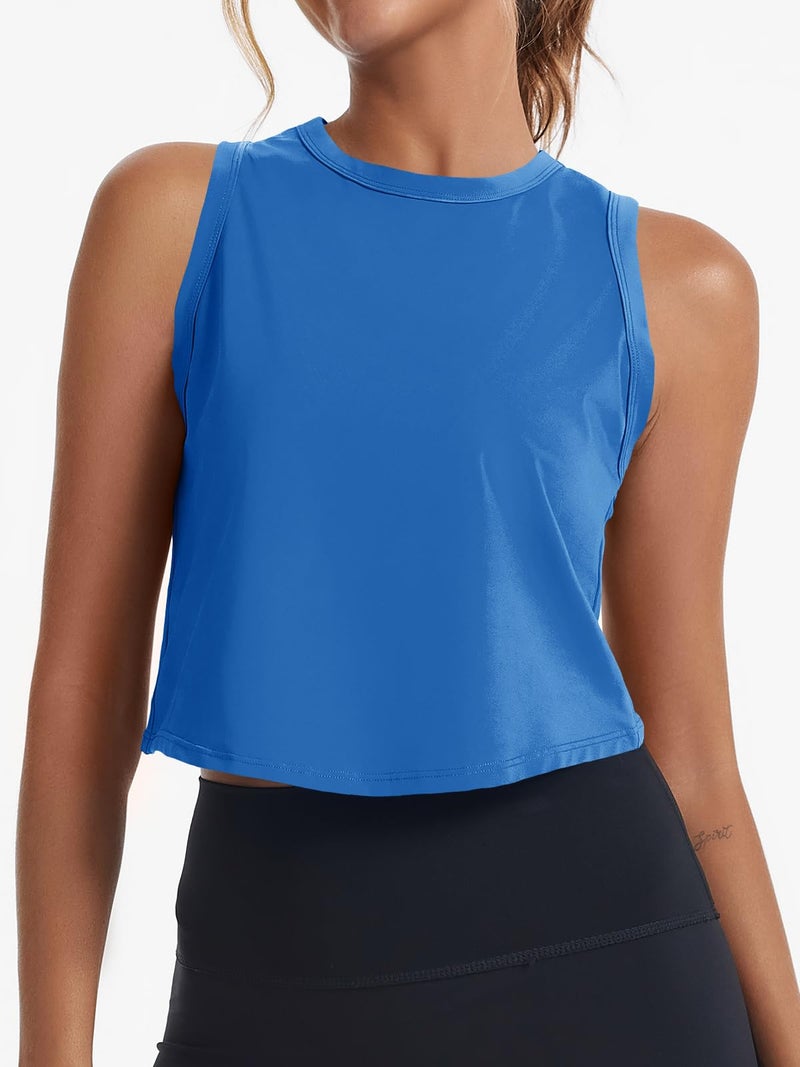 Fisoew Women's Workout Cropped Tank Top Racerback Back Slit Sleeveless Crewneck Running Yoga Active Shirt Blue - Image 4