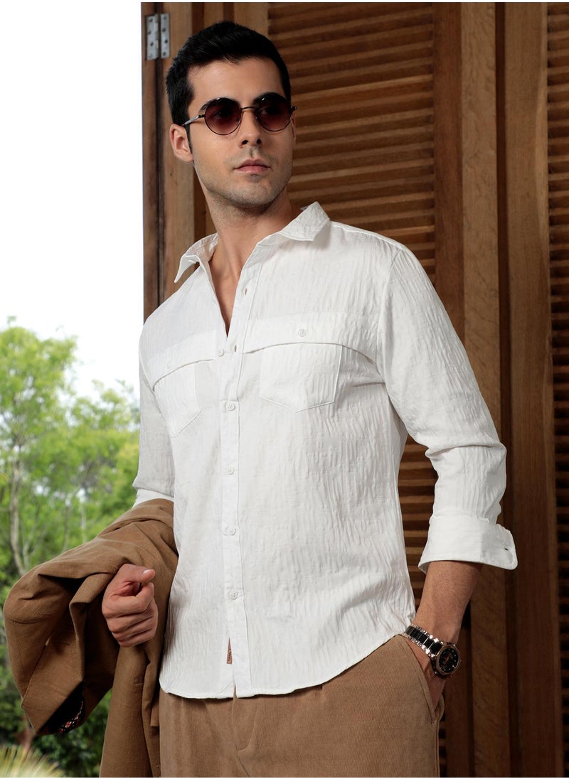 Campus Sutra Campus Sutra Men's Chalk White Aztec-Tactile Modular Shirt For Casual Wear | Spread Collar | Long Cuffed Sleeves | Button Closure | Shirt Crafted With Comfort Fit For Everyday Wear  - Image 1