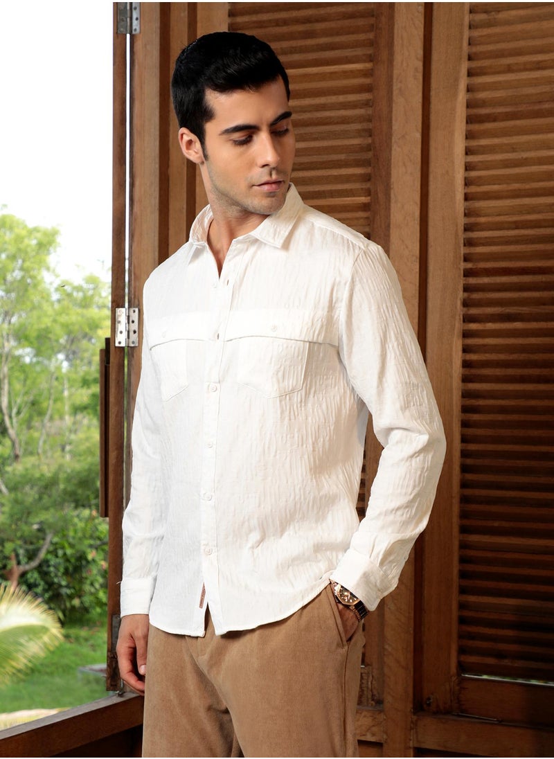 Campus Sutra Campus Sutra Men's Chalk White Aztec-Tactile Modular Shirt For Casual Wear | Spread Collar | Long Cuffed Sleeves | Button Closure | Shirt Crafted With Comfort Fit For Everyday Wear  - Image 3