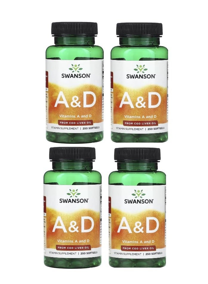 سوانسون فيتامينات أ و د، 250 كبسولة هلامية، عبوة من 4 قطع