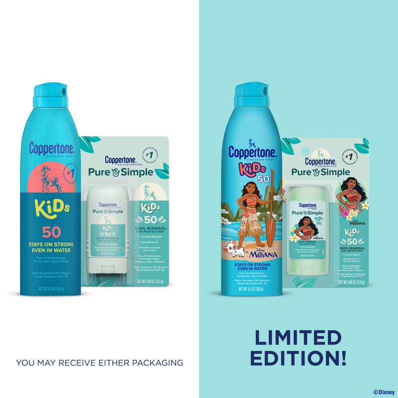 Coppertone Kids Exclusive Disney Moana Sunscreen Spray Spf 50 (5 Oz) + Coppertone Pure And Simple Kids Mineral Sunscreen Stick Spf 50 (0.49 Oz)  Water Resistant  Oxybenzone And Octinoxate Free - Image 2