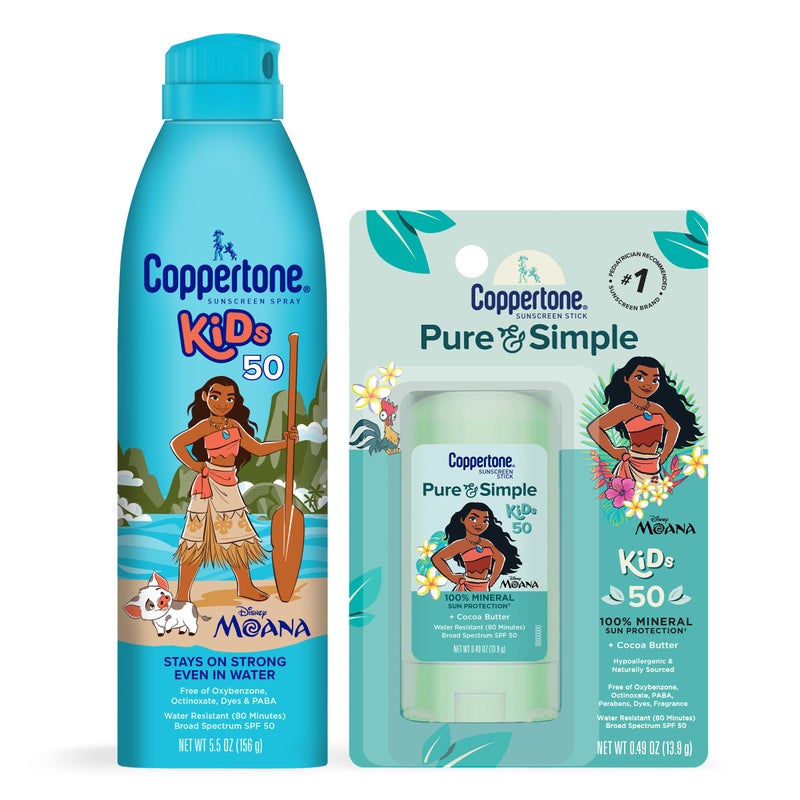Coppertone Kids Exclusive Disney Moana Sunscreen Spray Spf 50 (5 Oz) + Coppertone Pure And Simple Kids Mineral Sunscreen Stick Spf 50 (0.49 Oz)  Water Resistant  Oxybenzone And Octinoxate Free - Image 1
