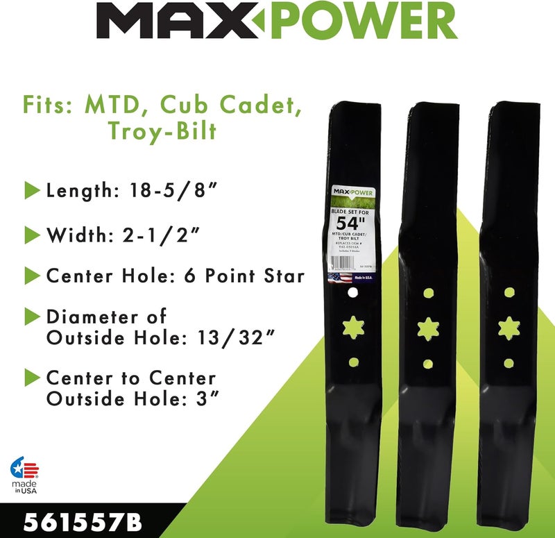 Max Power 561557B مجموعة شفرات 3 لعديد من جزازات كرافتسمان لقص 54 بوصة MTD/Cub Cadet/Troy-Bilt تحل محل 742-05056، 942-05056، 742-05056A، 942-05056A، CMXGZAM110143 - Image 4