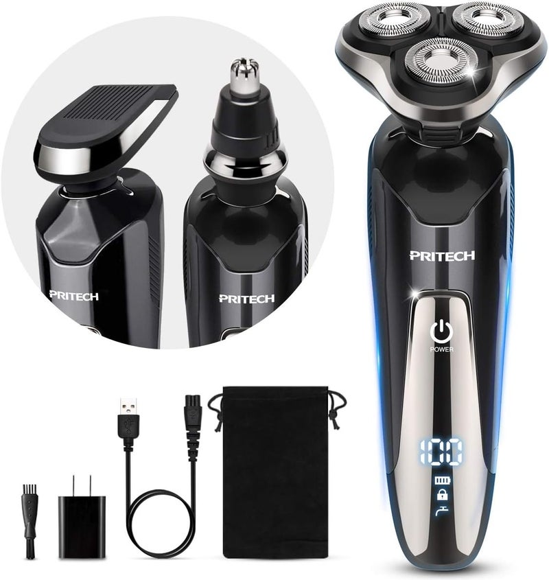 PRITECH Mens Electric Razor for Men Electric Face Shavers Rechargeable Shaving Men's Cordless Razors IPX7 Waterproof Wet Dry 3 in 1 Rotary Shavers Beard Nose Mustache Trimmer USB Charging - Image 1