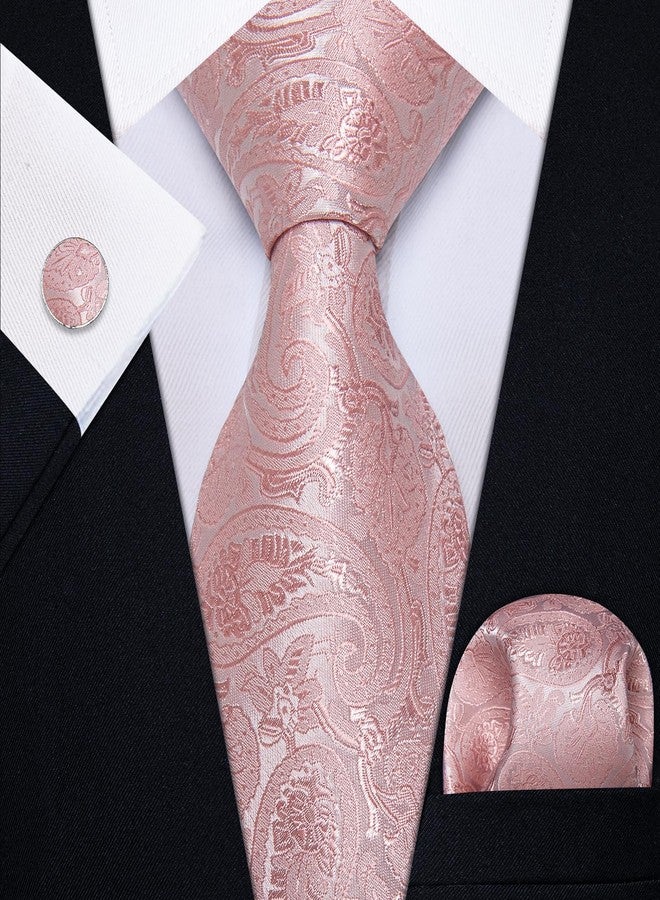 YourTies Paisley Tie Sets Floral Necktie Handkerchief Cufflinks Set Silk Woven Ties Business Wedding Party, A Pink Paisley, M - Image 3